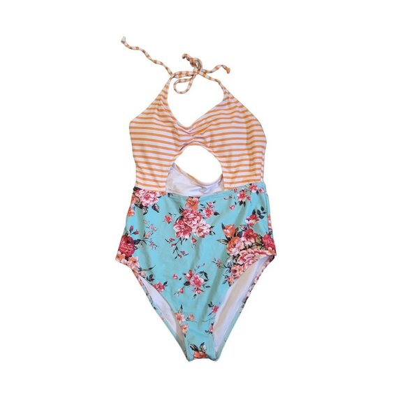 Cupshe one Piece Cut Out Mixed Print Floral Stripes Orange Swimsuit M - Picture 1 of 3